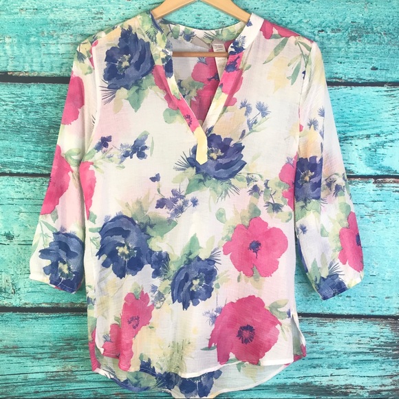 Chico’s Semi Sheer 3/4 Spring Floral Top - Picture 1 of 6